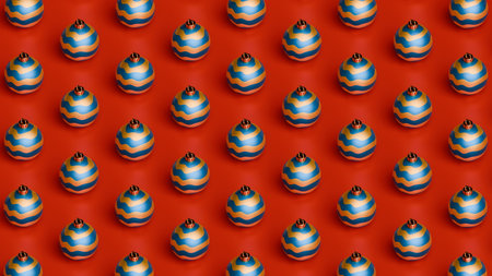Brightly colored spinning tops in various patterns are neatly placed on a red background, showcasing a fun and playful setting ideal for joyful gatherings and activities. 3d renderの写真素材