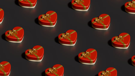 Bright red heart-shaped gifts with gold ribbons are neatly arranged on a dark surface, creating a...