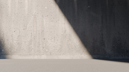 scene shows a textured concrete wall with a prominent shadow extending across the smooth floor. Soft natural light enhances the contrast, creating an interesting visual effect. 3d render.の写真素材