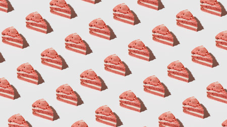 Small slices of strawberry cake are displayed in a repeating pattern on a plain light background, perfect for a dessert-themed project or graphic design. 3d render.の写真素材