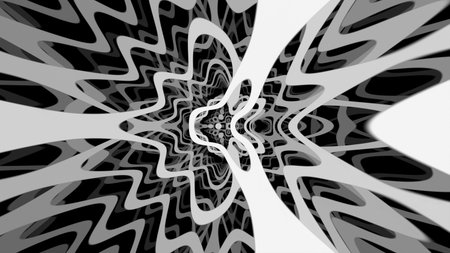 Dynamic abstract design features swirling black and white patterns converging at a central point, creating a sense of depth and movement, ideal for artistic projects. 3d render.の写真素材