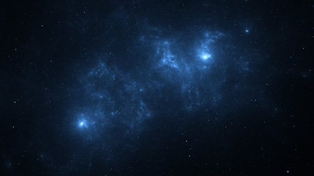 Mystical dark sky showcases shining stars and vibrant blue nebulae, creating a stunning view of the...