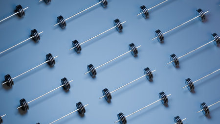 Barbells are lined up in precise rows on a blue surface, creating an organized and appealing workout space for gym-goers interested in strength training. 3d render.の写真素材