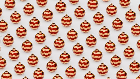 Rows of bright red and gold Christmas balls with wavy patterns are arranged on a white surface, creating a cheerful and festive atmosphere for the holiday season. 3d renderの写真素材