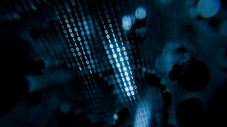 Binary numbers cascade down in a dark setting, creating an immersive digital landscape. scene captures the essence of technology and data flow. 3d render.の写真素材
