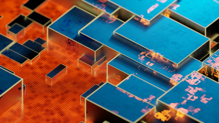 intricate microchip design is visible, featuring blue and orange patterns. This close-up view highlights details of modern technology, showcasing engineering art and innovation. 3d render.の写真素材