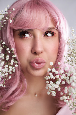 young woman with pink hair poses amidst tiny white flowers, creating a dreamy and whimsical atmosphere. Her expression is playful and engaging, enhancing the visual appeal.の写真素材
