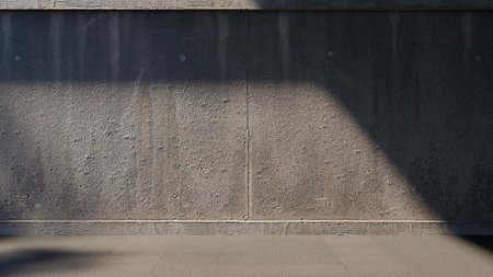 textured concrete wall stands in an urban environment, illuminated by warm sunlight that creates...