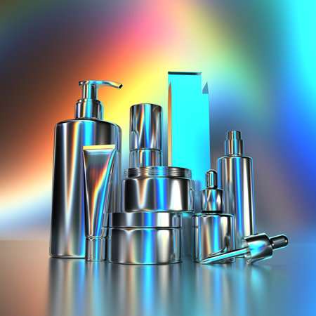 Beauty products in shiny metallic containers are arranged in an artistic display against a vibrant, colorful backdrop. scene highlights elegance and modern design. 3d render.の写真素材