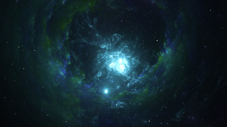 Vibrant blue and green cosmic clouds surround bright stars in the night sky. scene captures the vast...