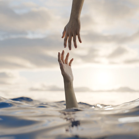 Two hands emerge from the surface of water in a dramatic display of reaching and seeking help during sunset. scene captures a powerful moment of desperation and hope. 3d render.の写真素材