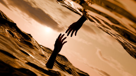 Two hands emerge from the water with a sunset in the background, creating a stark contrast. sun...
