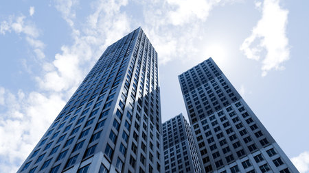 Tall buildings rise into the blue sky with scattered clouds. view looks upward, showing the modern architecture in a busy city during the day. 3d render.の写真素材
