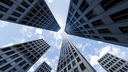Several tall buildings surround an open area, with a clear sky and clouds above. buildings have a...
