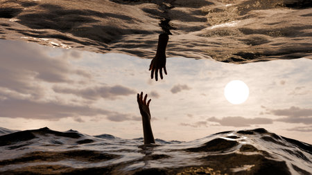 Two hands emerge from water as the sun sets in the background. scene shows the contrast between...