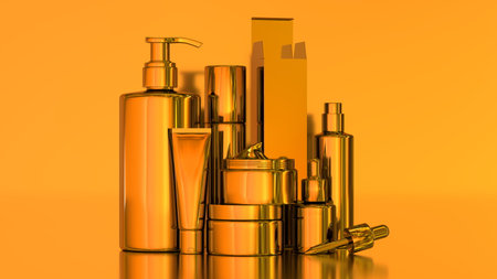 Various beauty products in shiny golden packaging are neatly arranged against a vibrant orange backdrop, showcasing skincare and cosmetic items perfect for a modern display. 3d render.の写真素材