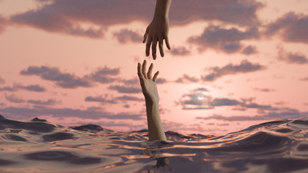 Two hands are reaching out towards each other in water as the sun sets. sky has clouds, and the scene shows a feeling of connection and struggle. 3d render.の写真素材