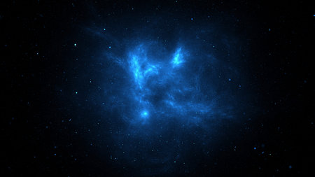 bright blue nebula appears in space among countless stars. scene shows swirling gases and dust...