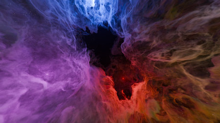 Colors blend in a vast space scene filled with swirling gas and dust. Dark regions hide bright...