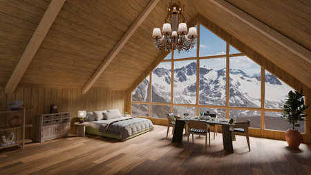 cabin setting features wooden walls and floors with a bed and dining area. Large windows display...