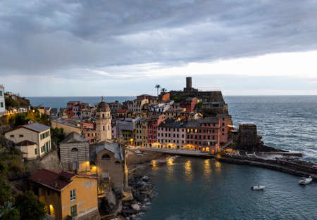 Beautiful view of Vernazza in the evening - Cinque Terre, Liguria Italyの写真素材