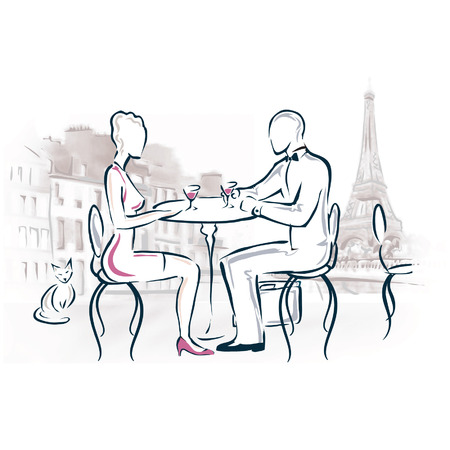 Drawing of a romantic couple dining in Paris.のイラスト素材