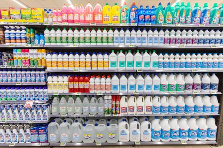 Rome / Italy. December 05, 2018: Shelving with products of different nature, variety of food displayed on the shelves inside a MA supermarket in Rome in Italy. Home hygiene and home cleaning.の写真素材