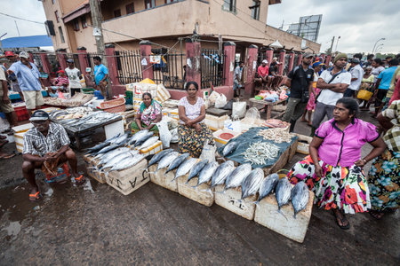 Negombo, Sri Lanka. July 20, 2016: Sellers and buyers in the famous fish market in Negombo in Sri Lanka near Colombo.のeditorial素材
