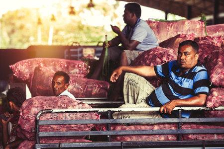Dambulla, Sri Lanka. July 23, 2016: Workers in a vegetable market in Dambulla Sri Lanka are resting after a lot of hard work. Truck loaded with vegetables.のeditorial素材