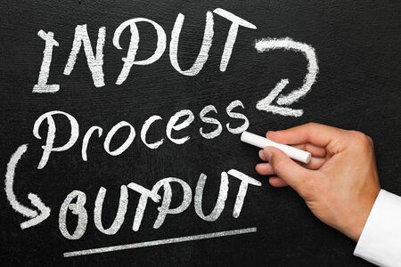 Input process output, blackboard or chalkboard with hand. Company monitoring and evaluation.の写真素材