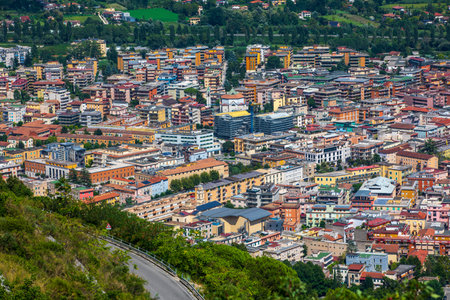 Cassino / Italy - August 17 2019: Aerial view of Cassino in Italy. Panorama and landscape. Town hall in the province of Frosinone, central Italy, at the southern end of the region of Lazio.のeditorial素材
