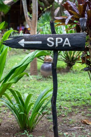 Signboard sign on wooden post with spa inscription. Directions to reach a spa located in a natural environment with plants in the background.の写真素材