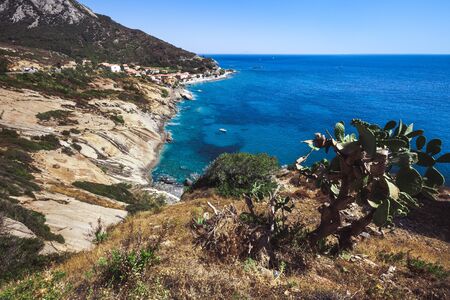 Seashore coastline with beach and rocks and rocky slope of the Island of Elba in Italy. Many people...