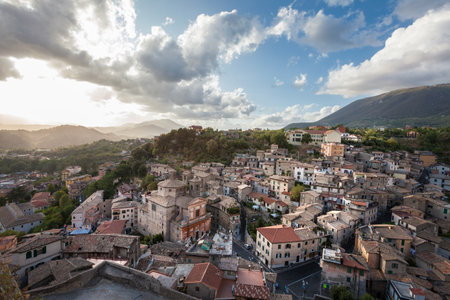 Subiaco, Italy. September 02, 2017: Aerial view of the ancient italian village. Subiaco is a town and comune in the Metropolitan City of Rome, in Lazio, central Italy.のeditorial素材