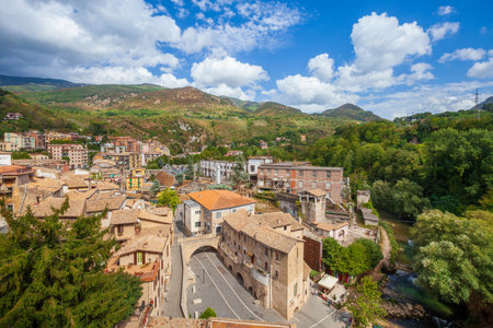 Subiaco, Italy. September 02, 2017: Aerial view of the ancient italian village. Subiaco is a town and comune in the Metropolitan City of Rome, in Lazio, central Italy.のeditorial素材
