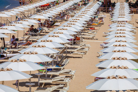 Procchio, Italy. June 28, 2016: Countless white umbrellas. Social distancing summer season. Many people swarm to the longest beach on the Island of Elba in Italy in the Gulf of Procchio.のeditorial素材