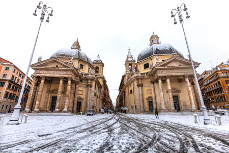 Rome, Italy. February 26, 2018: Extraordinary climate event in Rome in Italy, Piazza (Square) del Popolo. Exceptional wave of bad weather with snowfall over central Italy.のeditorial素材