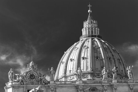 Rome, Italy. January 24, 2016: Architectural close up of the Dome of Saint Peter Basilica in Vatican City Rome. Black and white.のeditorial素材