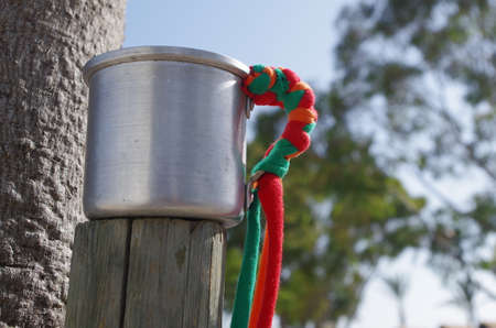Aluminum cup from summer festivals. A popular eco-friendly alternative to plastic cupsの写真素材