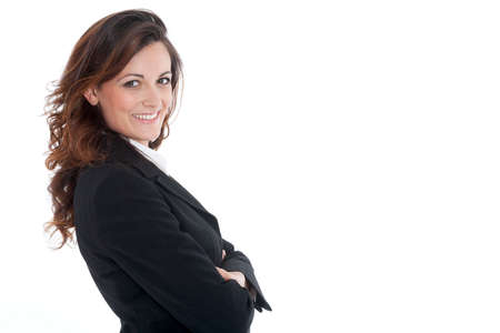 Portrait of a young attractive business woman on white background