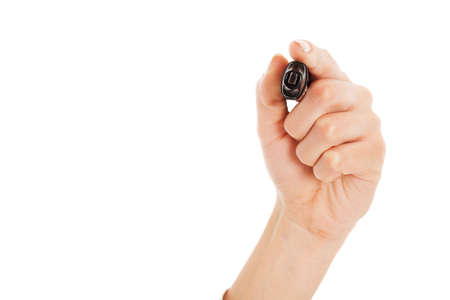 hand write something with marker on transparent glass, isolated on whiteの写真素材