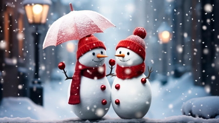 Happy snowman in winter scenery, Merry Christmas background, copy space, greeting cardの素材