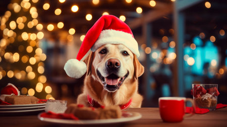 The dog celebrates Christmas at home, in the apartment, against the background of a Christmas tree with boxes of gifts.の素材