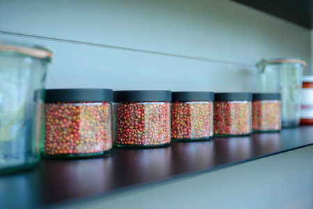 Colorful peppercorns in glass jars on a shelf in a laboratory