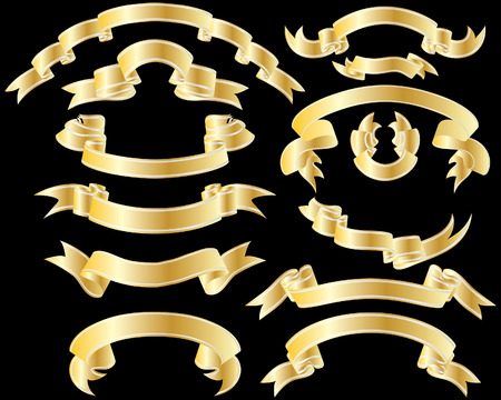 Collection of twelve vector golden ribbons with silver stripesのイラスト素材