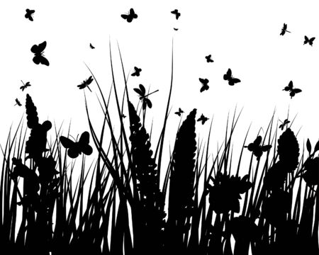 Vector grass silhouettes backgrounds with butterfliesのイラスト素材
