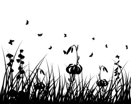 Vector grass silhouettes backgrounds with insectsのイラスト素材