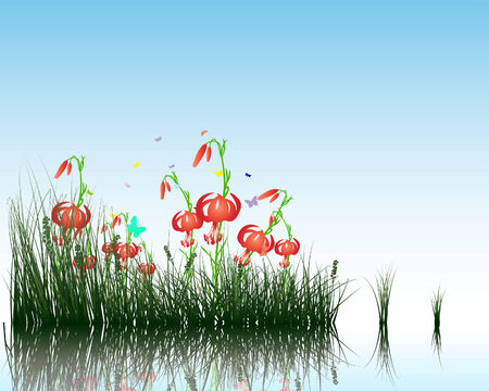 Vector grass silhouettes background with reflection in water. All objects are separated.のイラスト素材