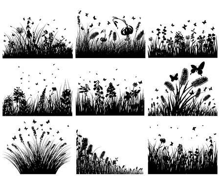 Vector grass silhouettes backgrounds set. All objects are separated.のイラスト素材