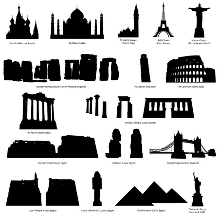High Detail landmarks silhouette set with descriprion of title and place. Vector illustration.のイラスト素材
